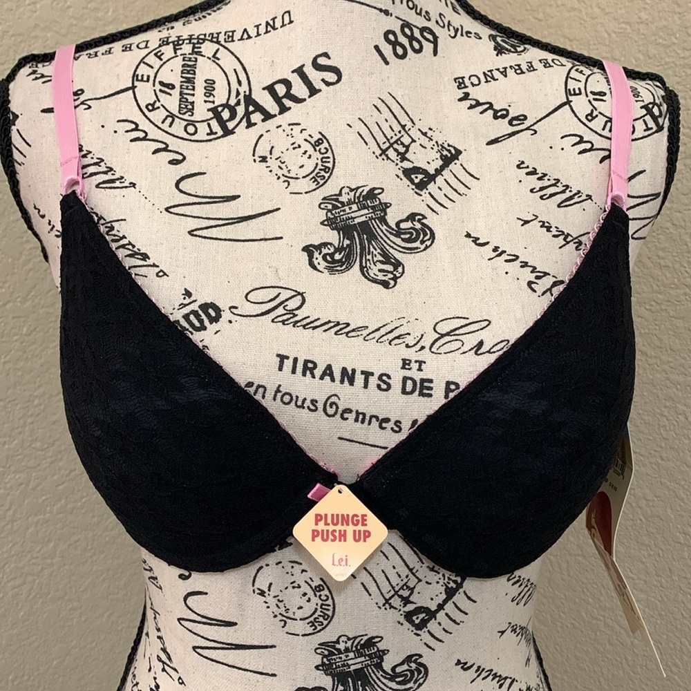 L.e.i. Special Edition Plunge Push up Black Pink Lace Bra 34C
